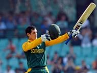 South Africa's batsman Quinton de Kock celebrates his 100 runs against Australia during their fifth one-day international cricket match in Sydney on November 23, 2014